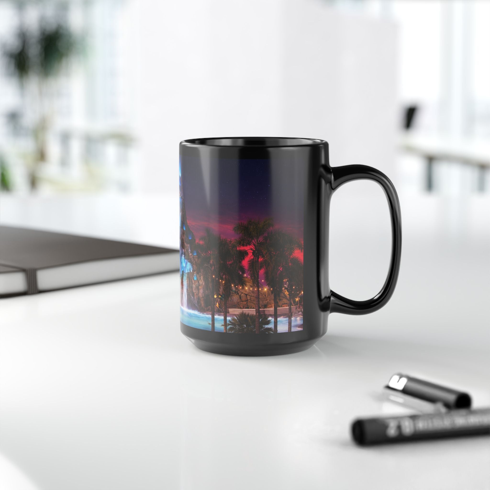 Volcano Bay at Night Black Mug — Illuminated Waterfall & Palm Tree Coffee Cup (11oz/15oz)