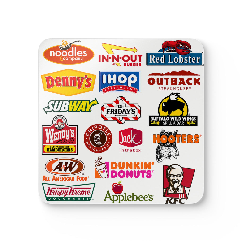 American Fast Food Logo Cork Coaster Set – Retro Restaurant Logo Drink Coasters (4-Pack)