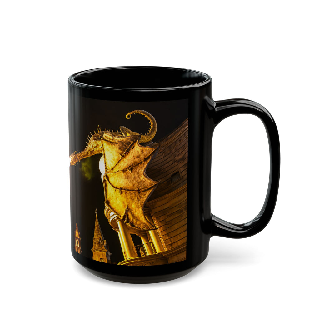 Golden Dragon Fire-Breathing Black Mug — Fantasy Castle Coffee Cup