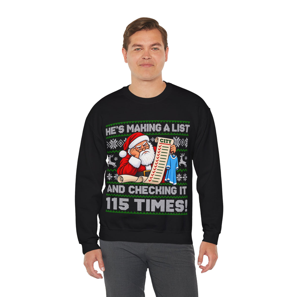 Manchester City Charges Inspired – "He's Making a List and Checking It 115 Times!" Santa Jumper