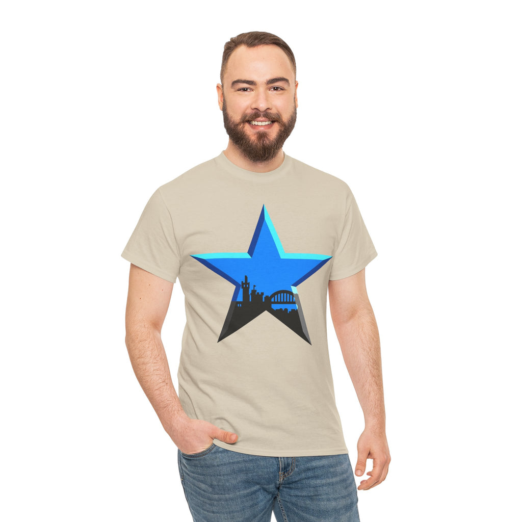 Newcastle City Skyline Star Retro Cotton T-Shirt — Blue Star with Urban Skyline Graphic
