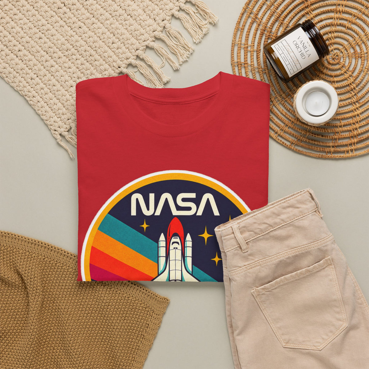 NASA Retro Rocket T‑Shirt — Vintage Space Shuttle Tee with Rainbow Trail