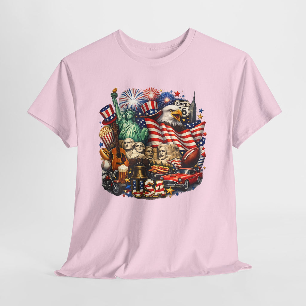 Patriotic USA Graphic Tee – American Flag, Statue of Liberty & Fireworks T-Shirt