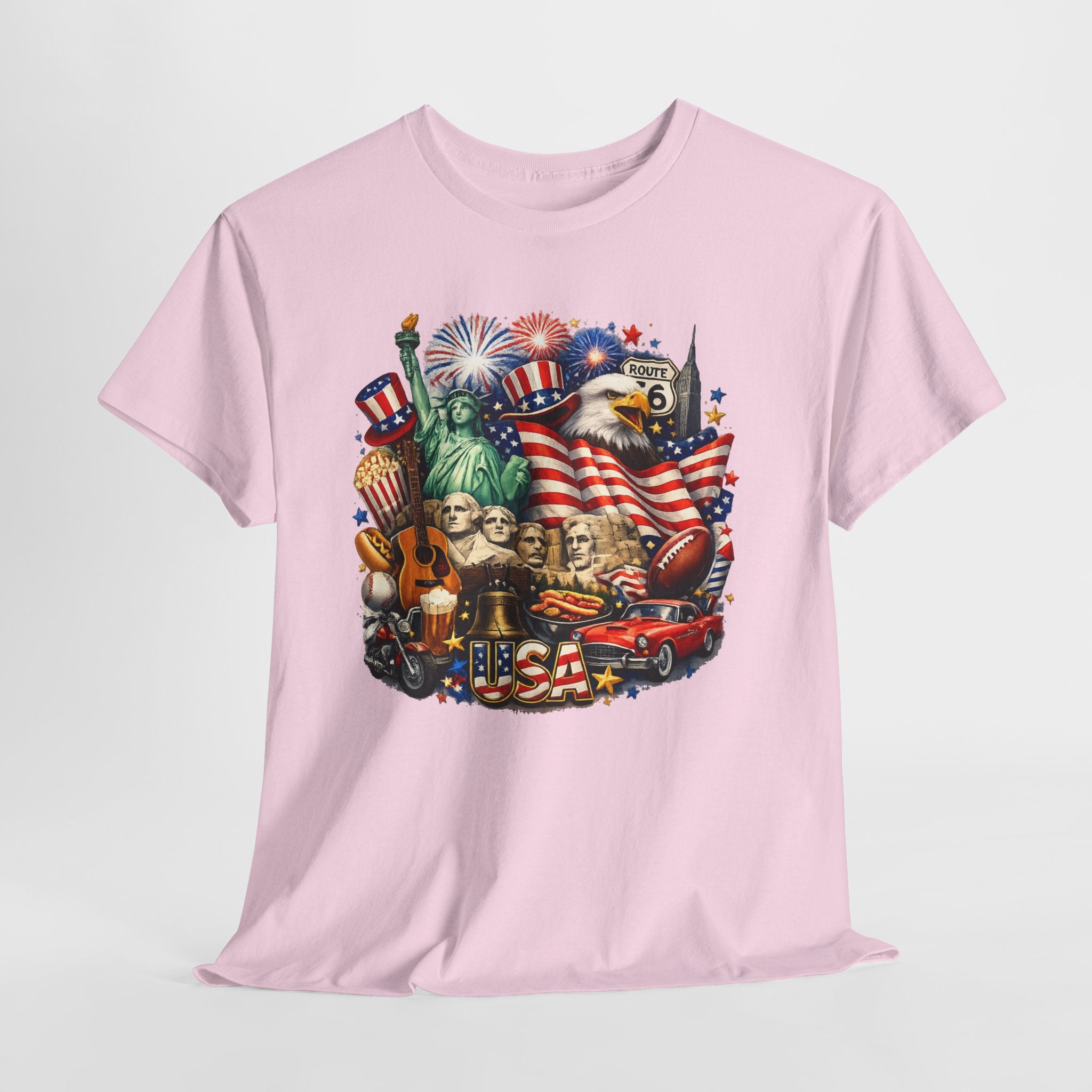 Patriotic USA Graphic Tee – American Flag, Statue of Liberty & Fireworks T-Shirt
