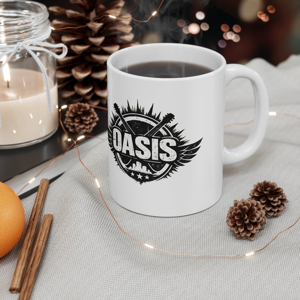 Oasis Crest Ceramic Mug — Rock Band Vintage Logo Coffee Cup (11oz & 15oz)