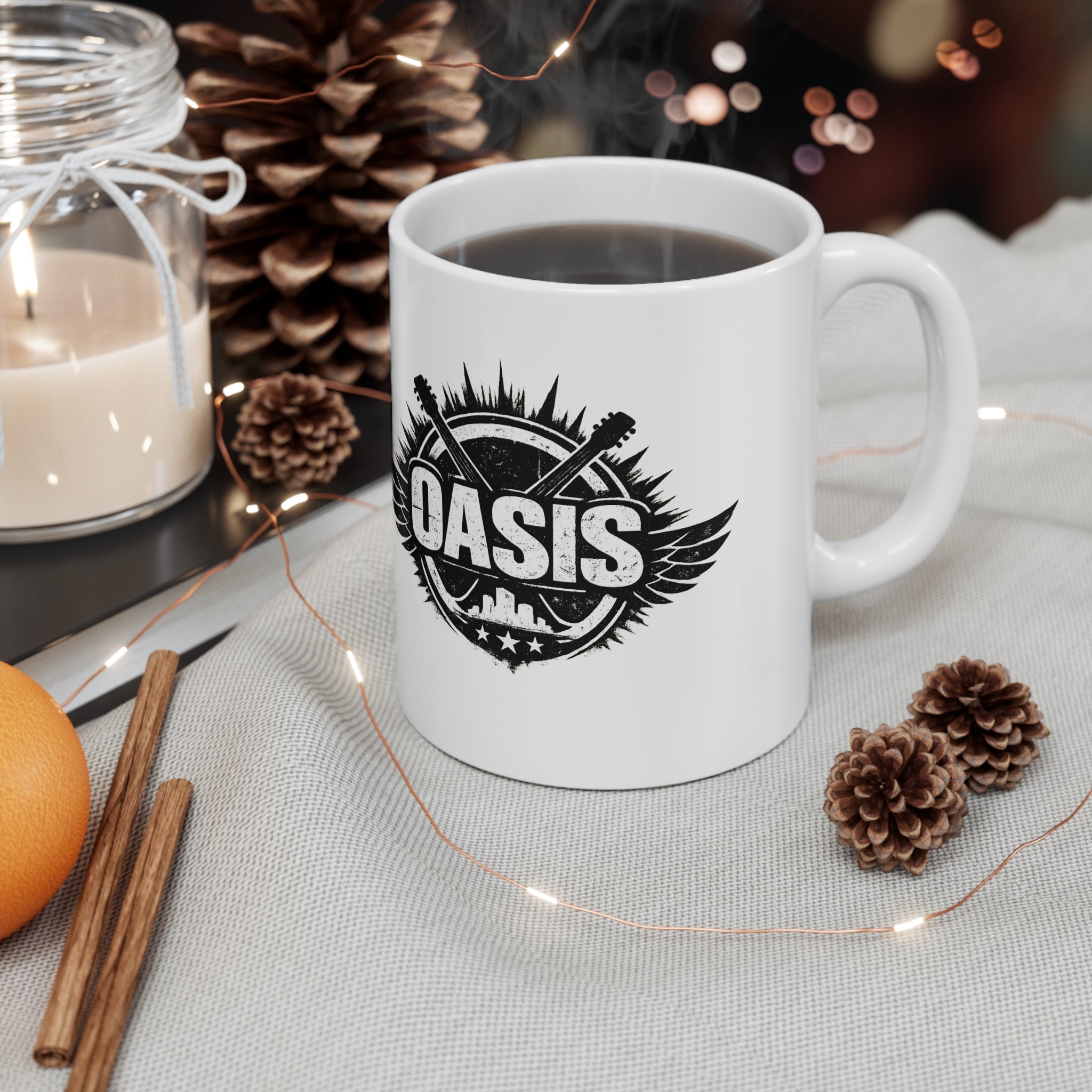 Oasis Crest Ceramic Mug — Rock Band Vintage Logo Coffee Cup (11oz & 15oz)