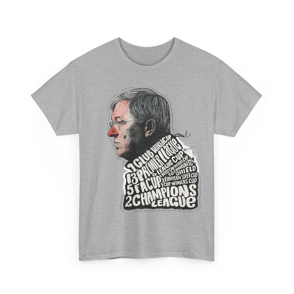 SIr Alex Ferguson Achievements Vintage Football Manager Profile Tee — Illustrated Head with Trophy Text Design