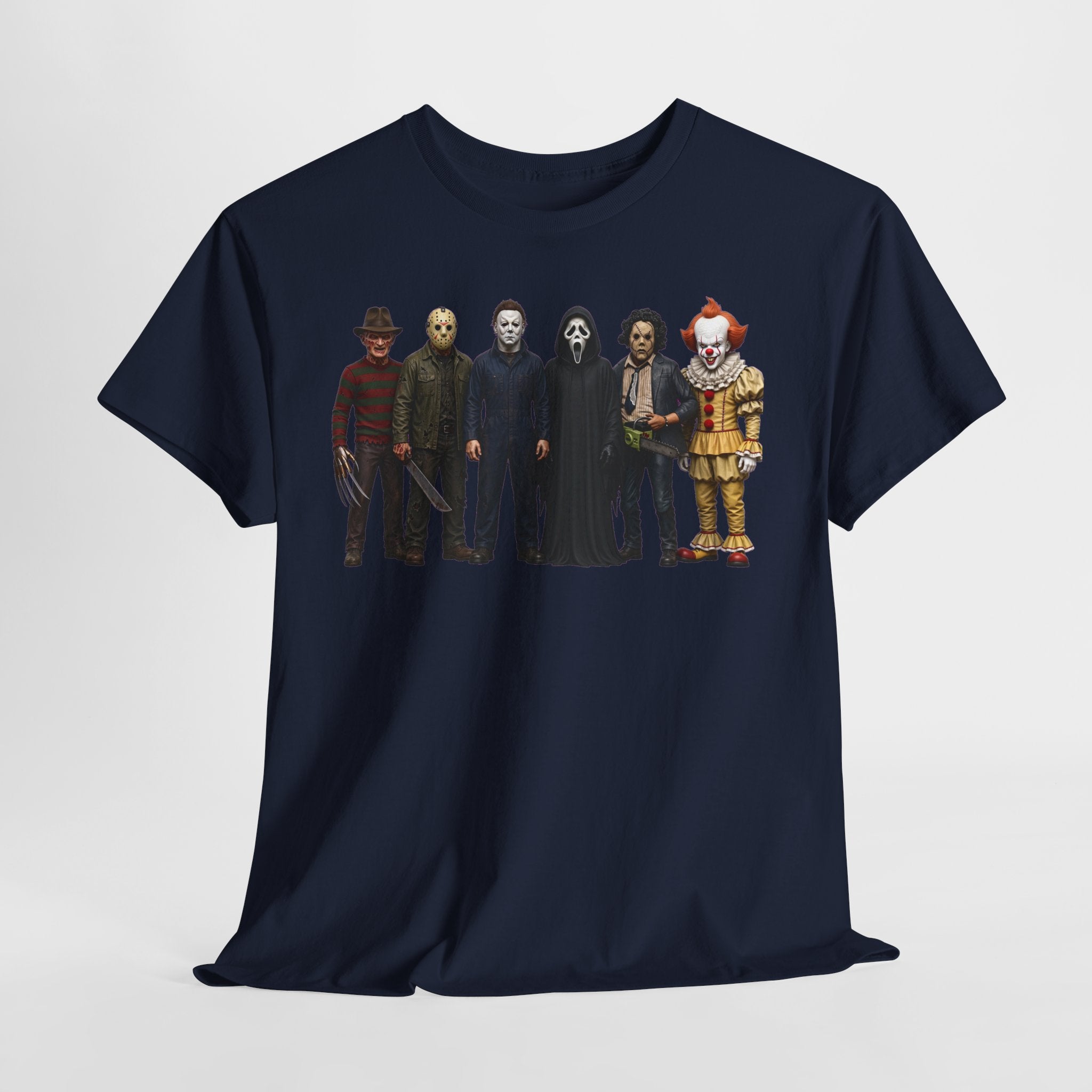 Horror Icons Lineup T‑Shirt – Freddy, Jason, Michael, Ghostface & Pennywise Tee