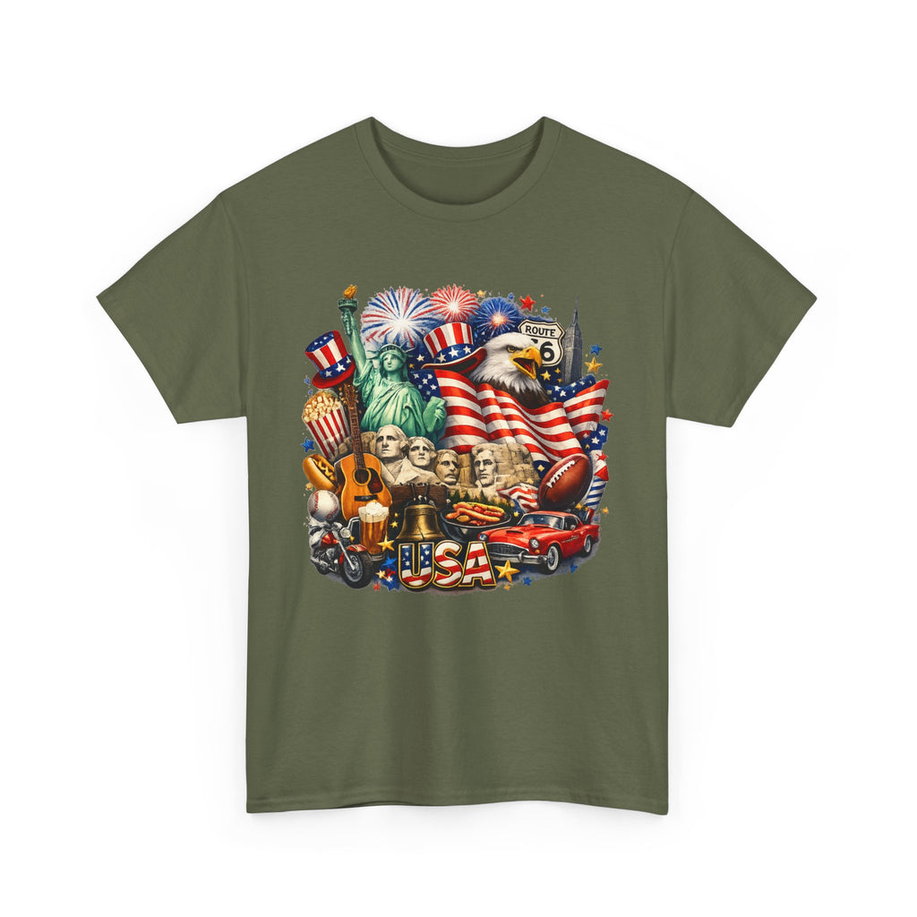 Patriotic USA Graphic Tee – American Flag, Statue of Liberty & Fireworks T-Shirt