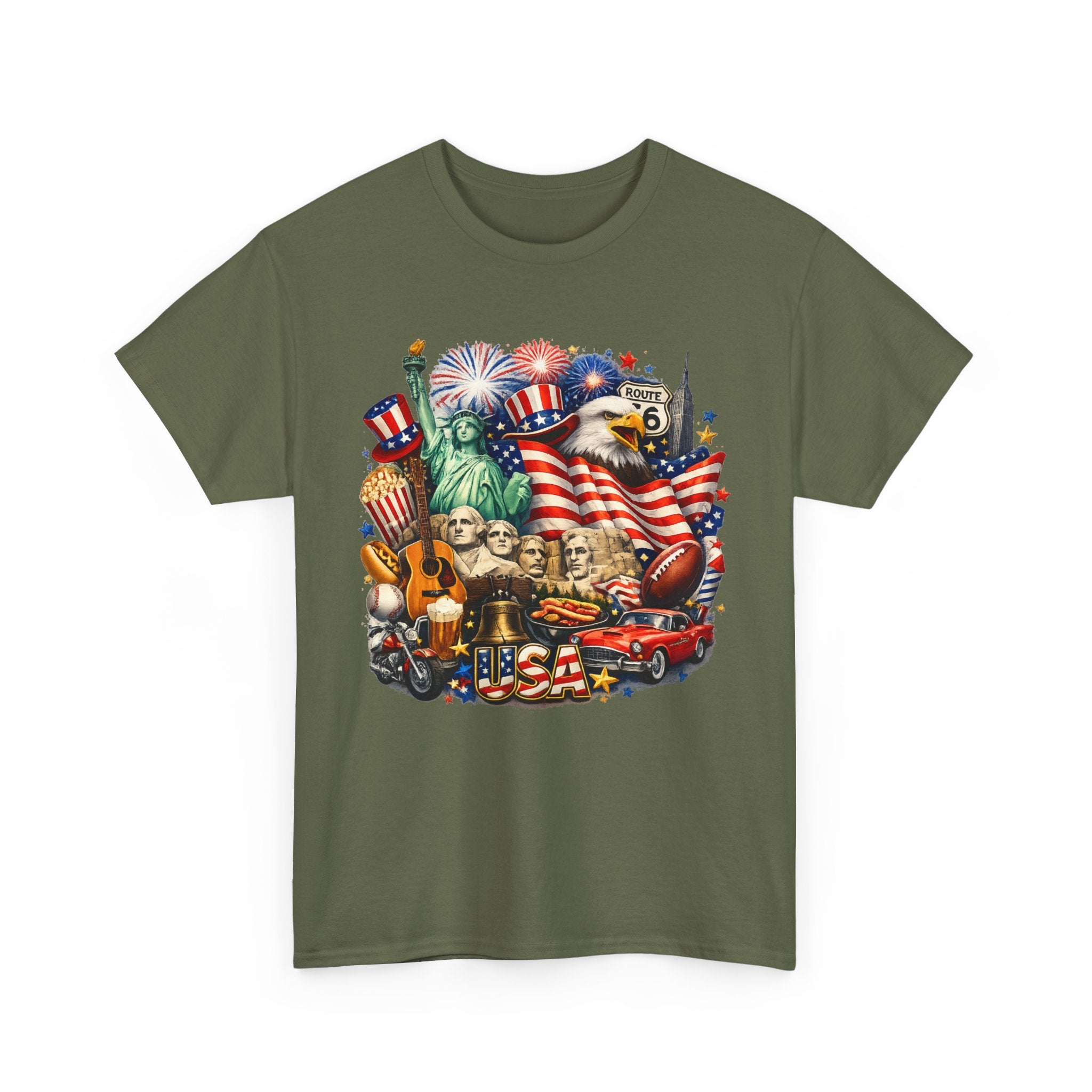 Patriotic USA Graphic Tee – American Flag, Statue of Liberty & Fireworks T-Shirt