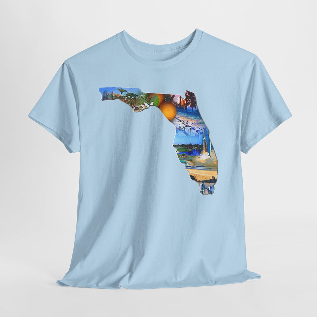 Florida State Shape T-Shirt — Scenic Beach & Sunset Map Tee