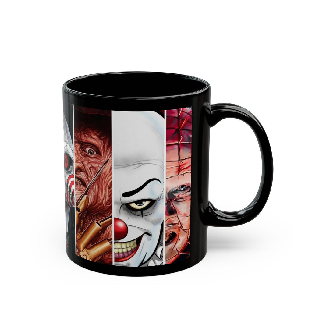 Horror Icons Collage Mug — Leatherface, Ghostface, Jigsaw & Pennywise Black Coffee Cup