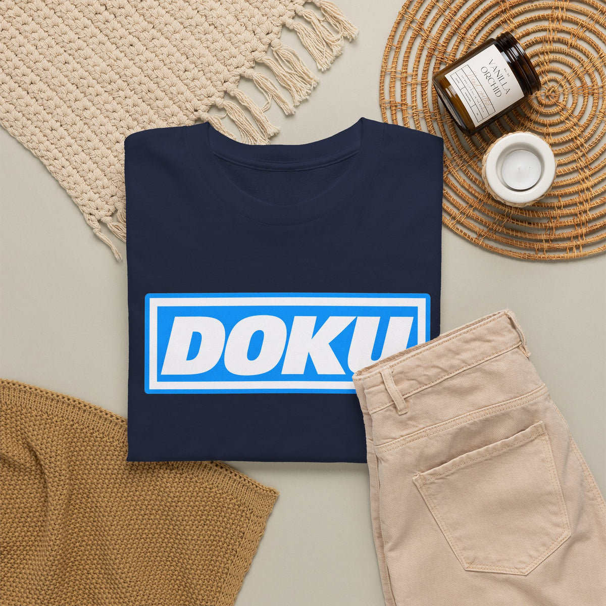 Doku Manchester City Player Logo Cotton Tee — Minimal Blue Box Graphic T-Shirt