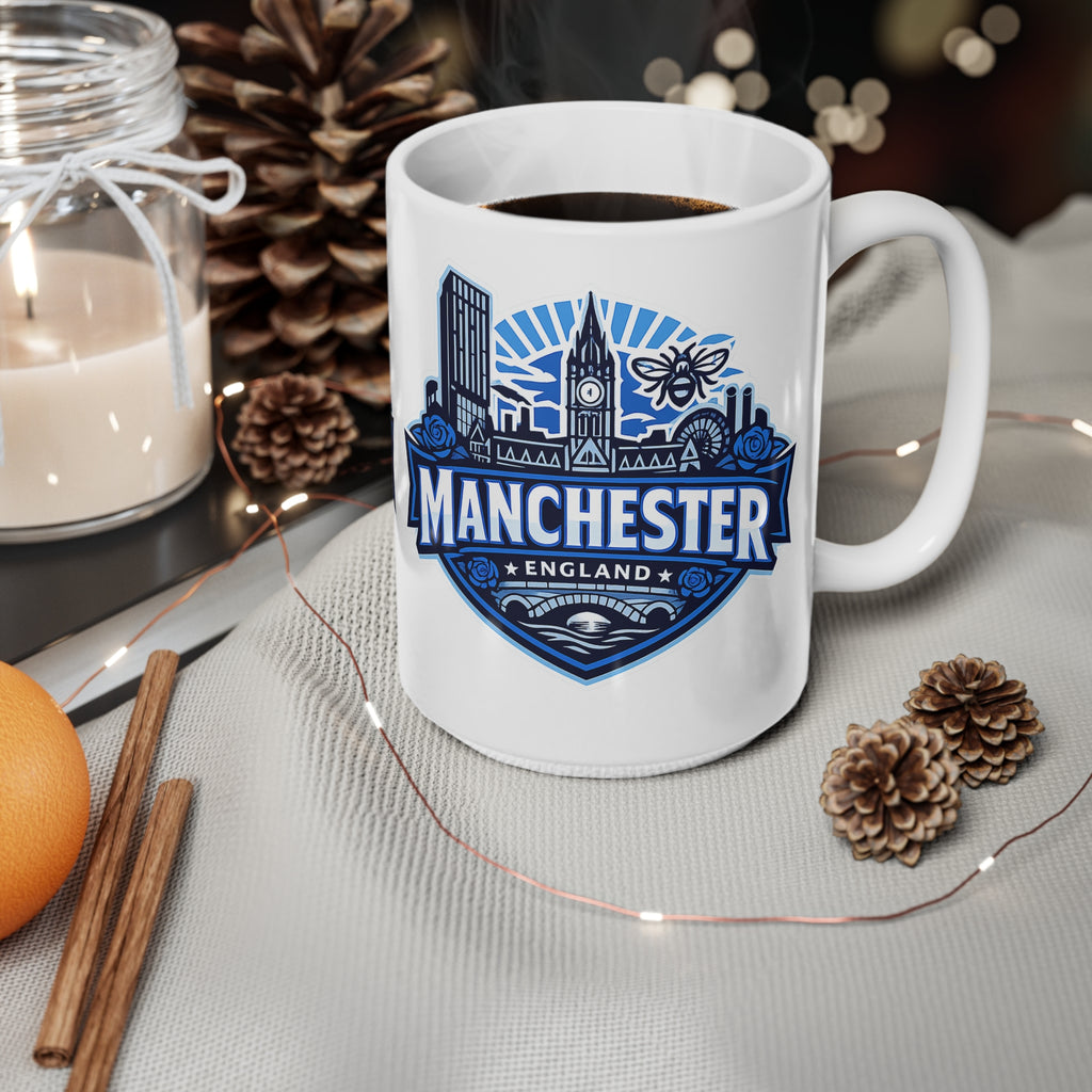 Manchester England Skyline Ceramic Mug — 11oz & 15oz Souvenir Coffee Cup