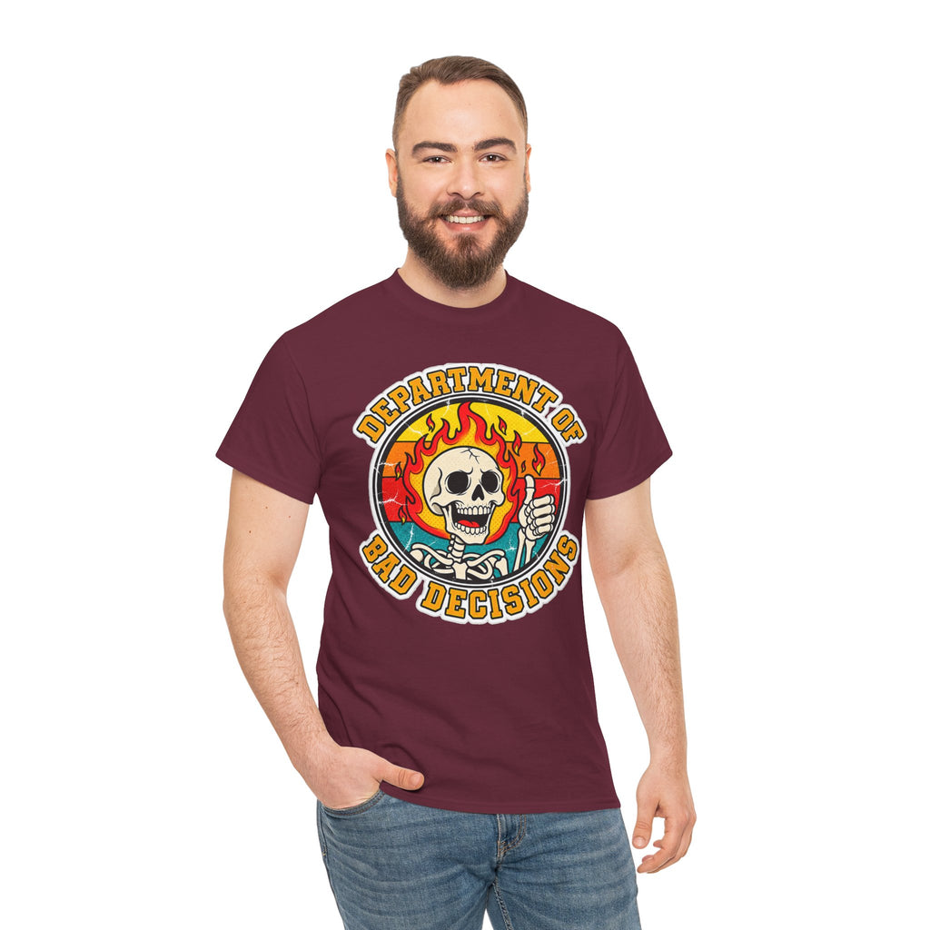 Department of Bad Decisions Skull T-Shirt — Retro Flaming Thumbs-Up Graphic Tee