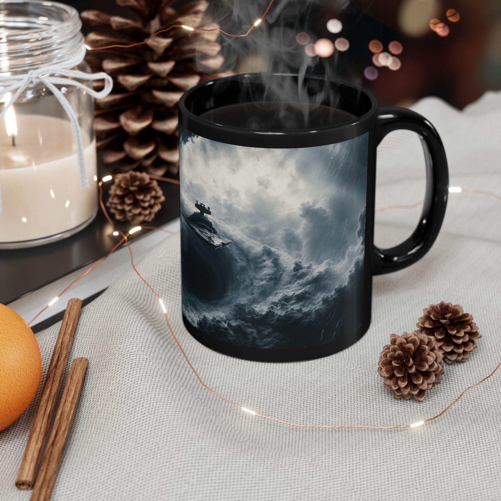Empire Star Destroyer Stormy Starship Black Mug — Sci‑Fi Space Battle Coffee Cup (11oz, 15oz)