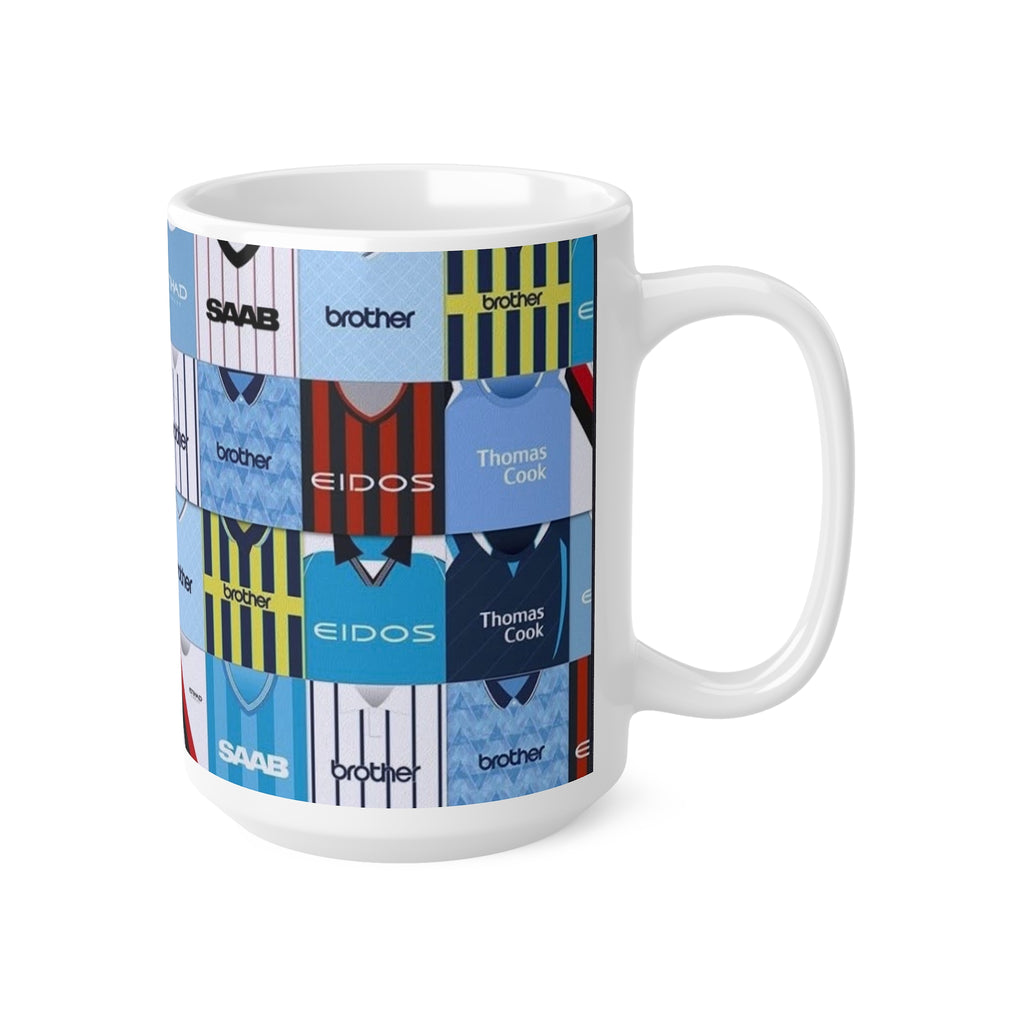 Manchester City Retro Football Kit Collage Mug — Vintage Soccer Jersey Pattern Coffee Cup (11oz & 15oz)