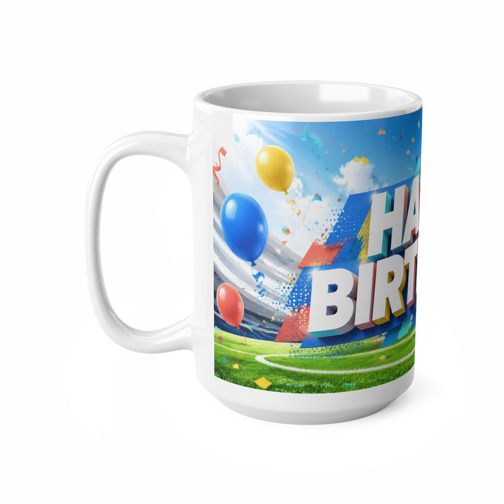 Happy Birthday Football Fan Ceramic Coffee Mug — Festive Balloons & Confetti Design (11oz, 15oz)