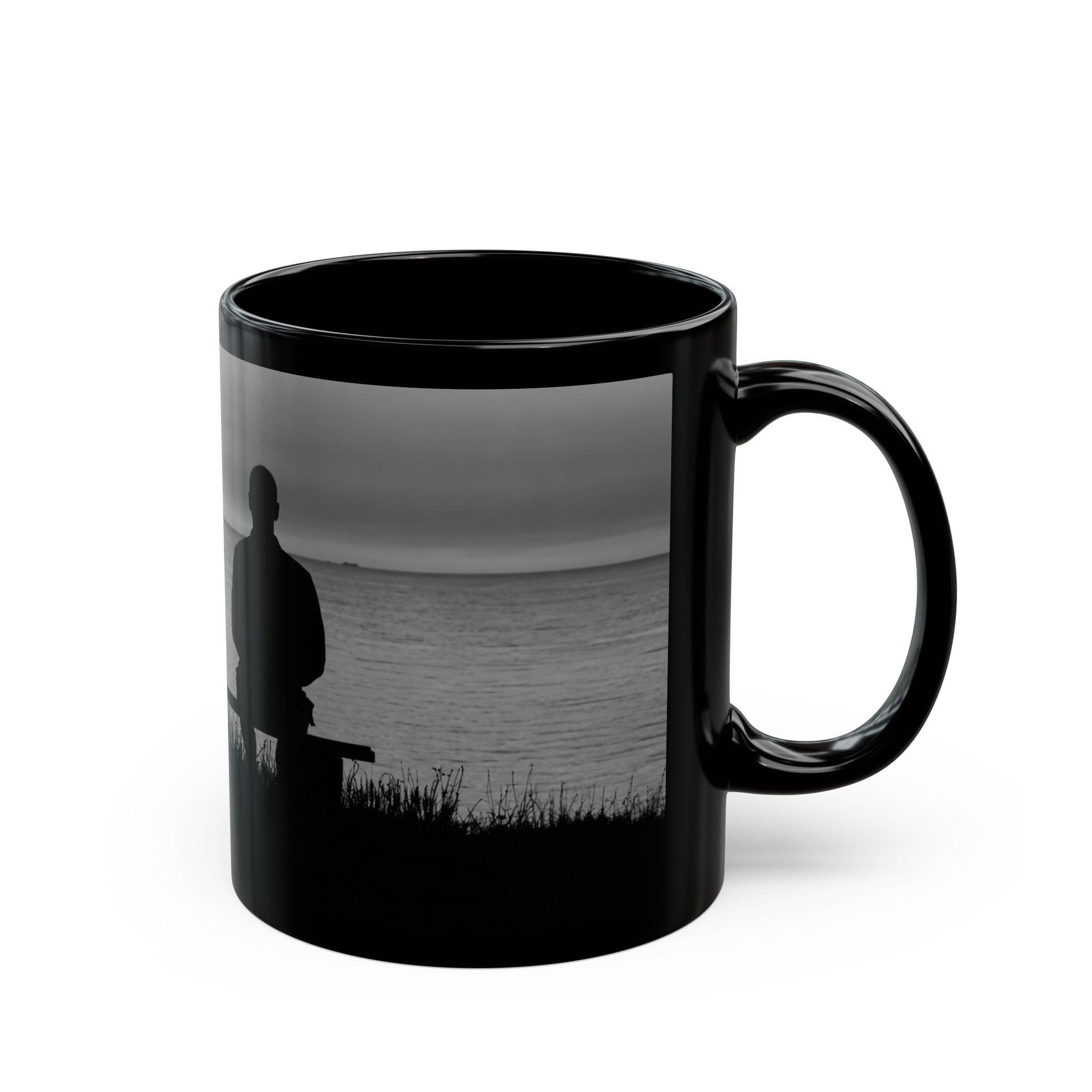 Silhouette by the Sea Black Coffee Mug — Reflective Ocean Sunset Gift (11oz, 15oz)
