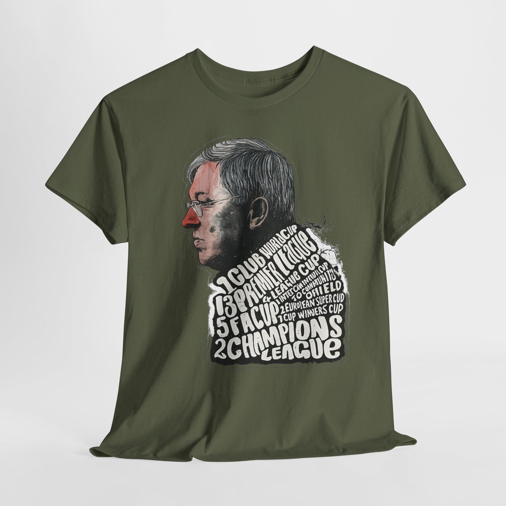 SIr Alex Ferguson Achievements Vintage Football Manager Profile Tee — Illustrated Head with Trophy Text Design