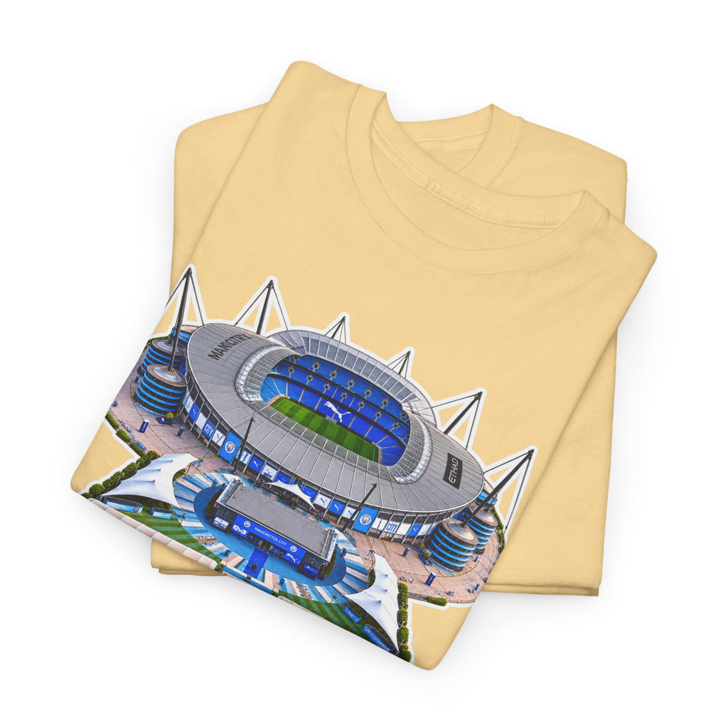 Manchester City Etihad Stadium Illustration T-Shirt — Retro Soccer Arena Graphic Tee