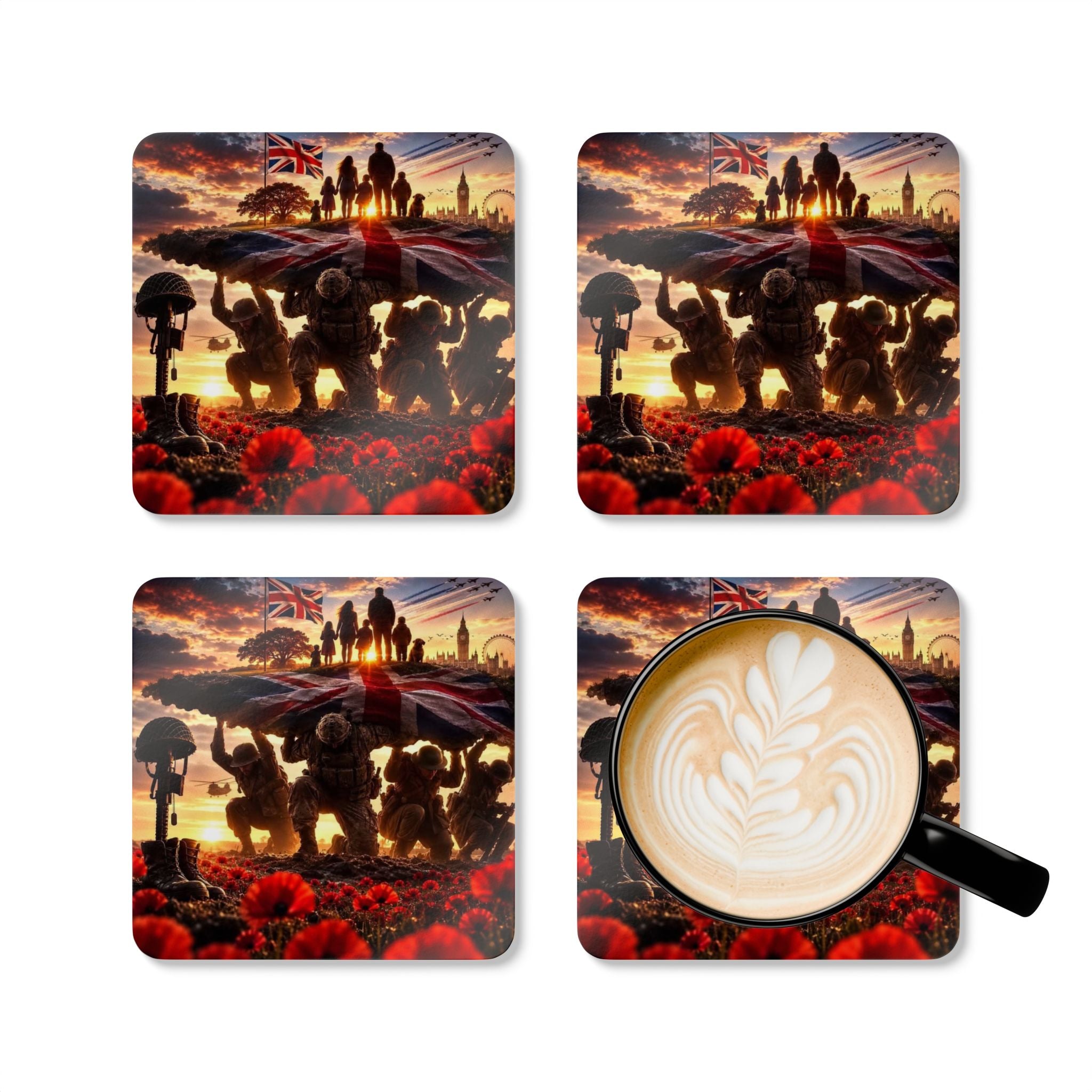 British Remembrance Poppy Cork Coaster Set – Veterans & Memorial Tribute