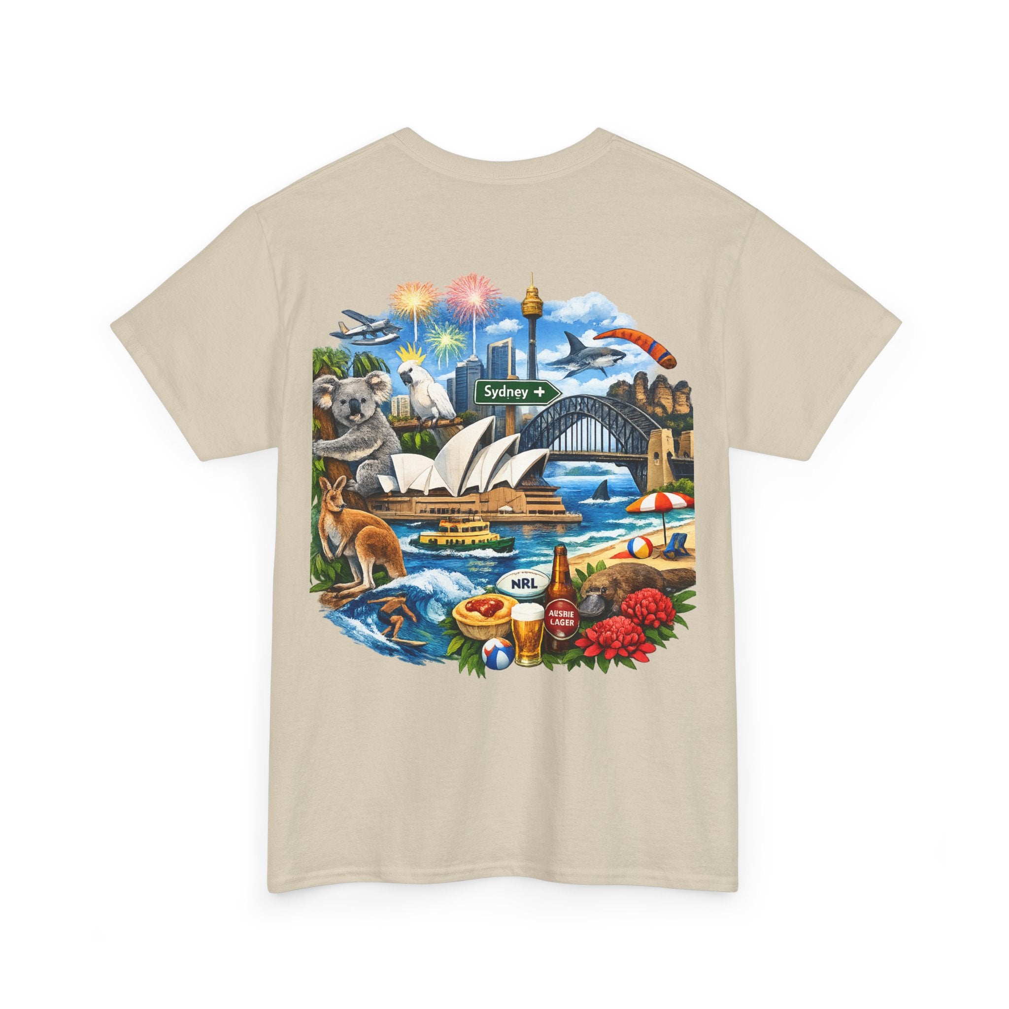 T-Shirt — Sydney Landmark Collage Tee (Opera House, Harbour Bridge, Koala & Beach Scene)