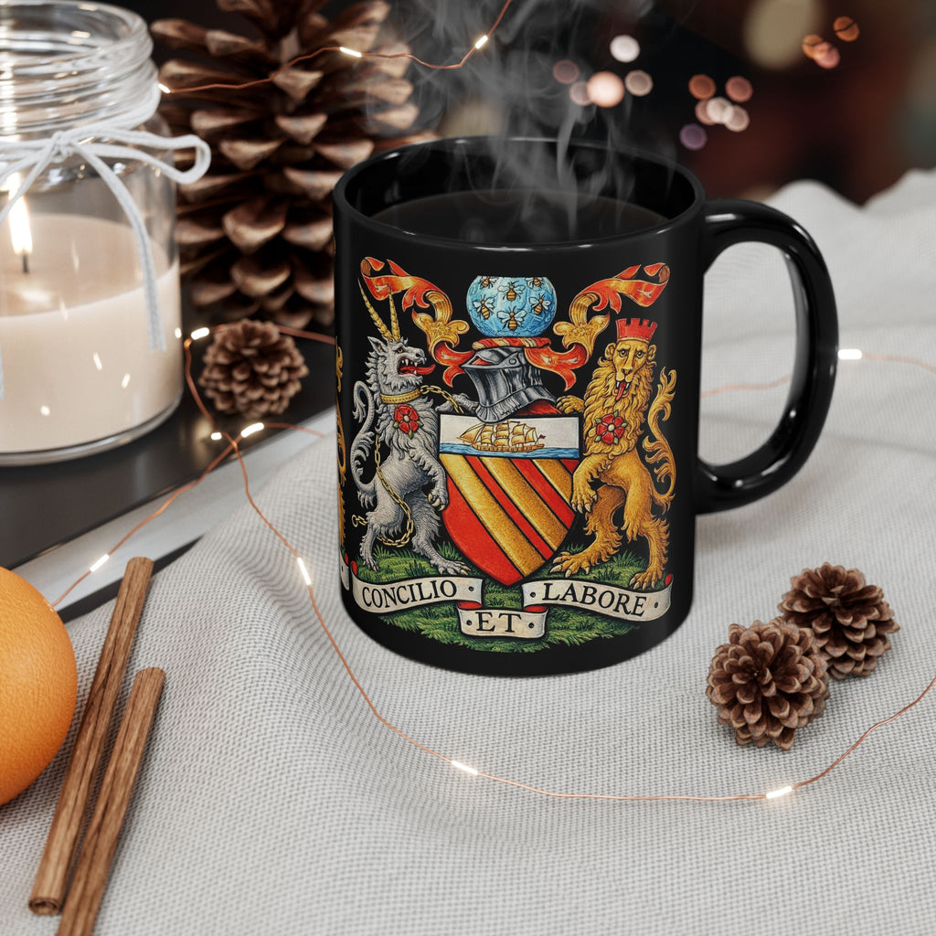Manchester Coat of Arms Crest Mug — 'Concilio et Labore' Black Coffee Cup