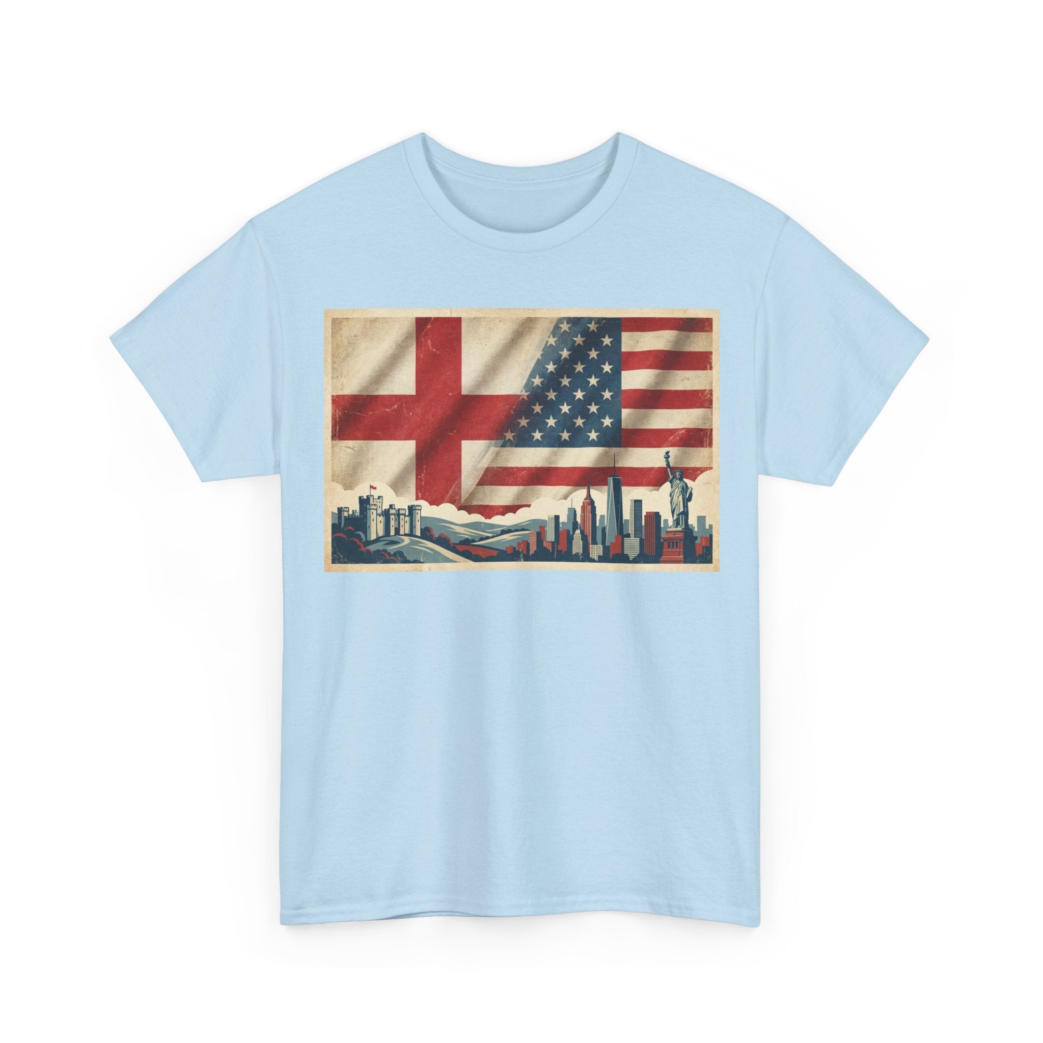 England + USA Flag Skyline T-Shirt — Vintage London & New York City Pride Tee