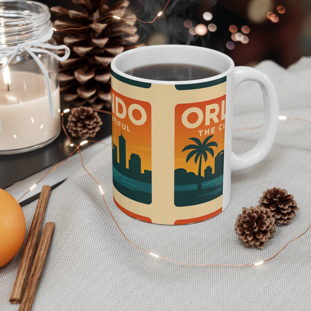 Orlando 'The City Beautiful' Orange Skyline Coffee Mug — Retro Travel Ceramic Cup (11oz & 15oz)