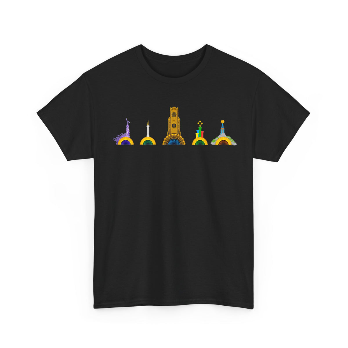 Epic Universe Portals Cotton T‑Shirt — Colorful Landmark Ring Icons Tee