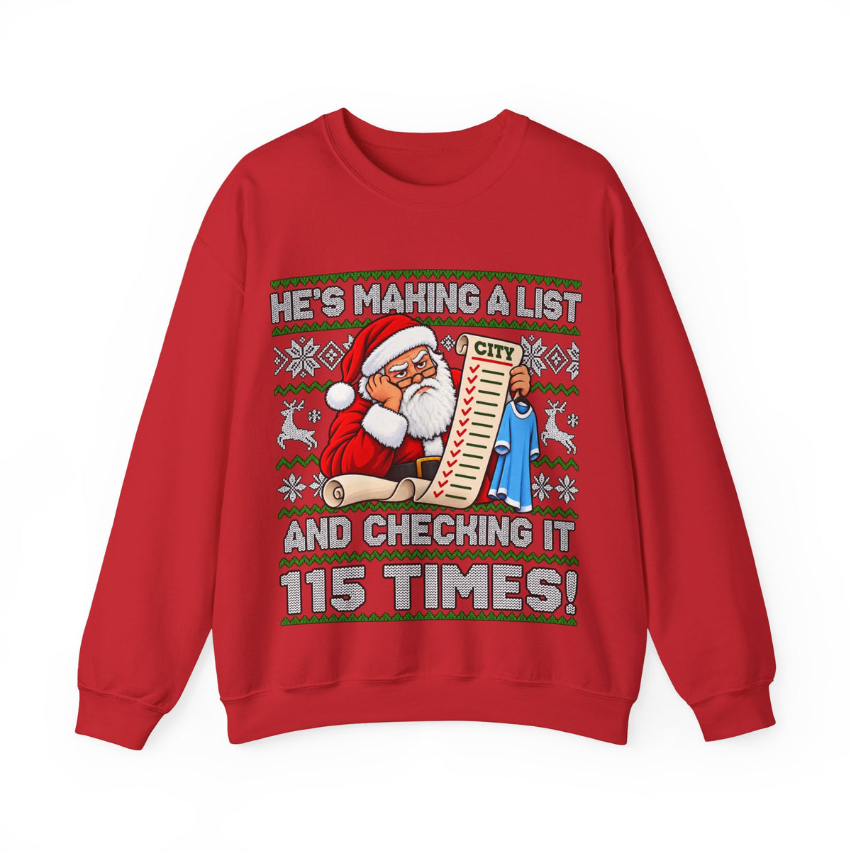 Manchester City Charges Inspired – "He's Making a List and Checking It 115 Times!" Santa Jumper