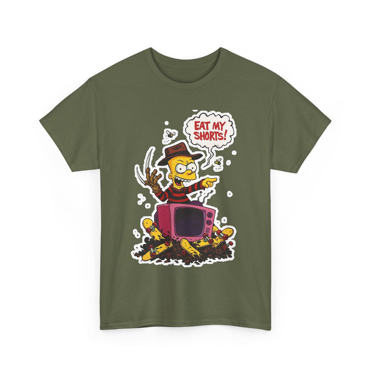 Horror TV Mashup Tee — “Eat My Shorts!” Retro Cartoon Tee