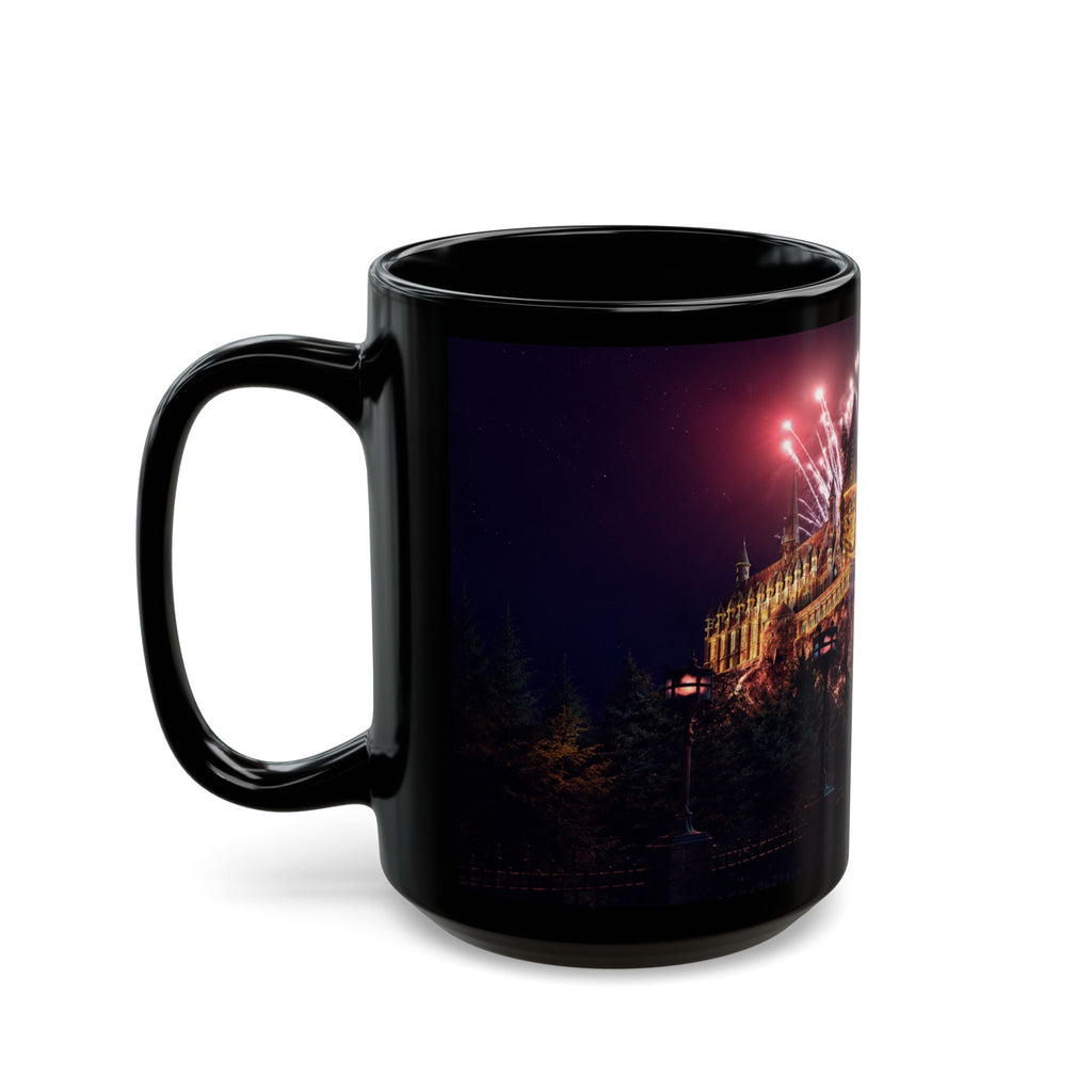 Hogwarts Castle Fireworks Night Black Mug — Castle Nightscape Coffee Cup (11oz/15oz)