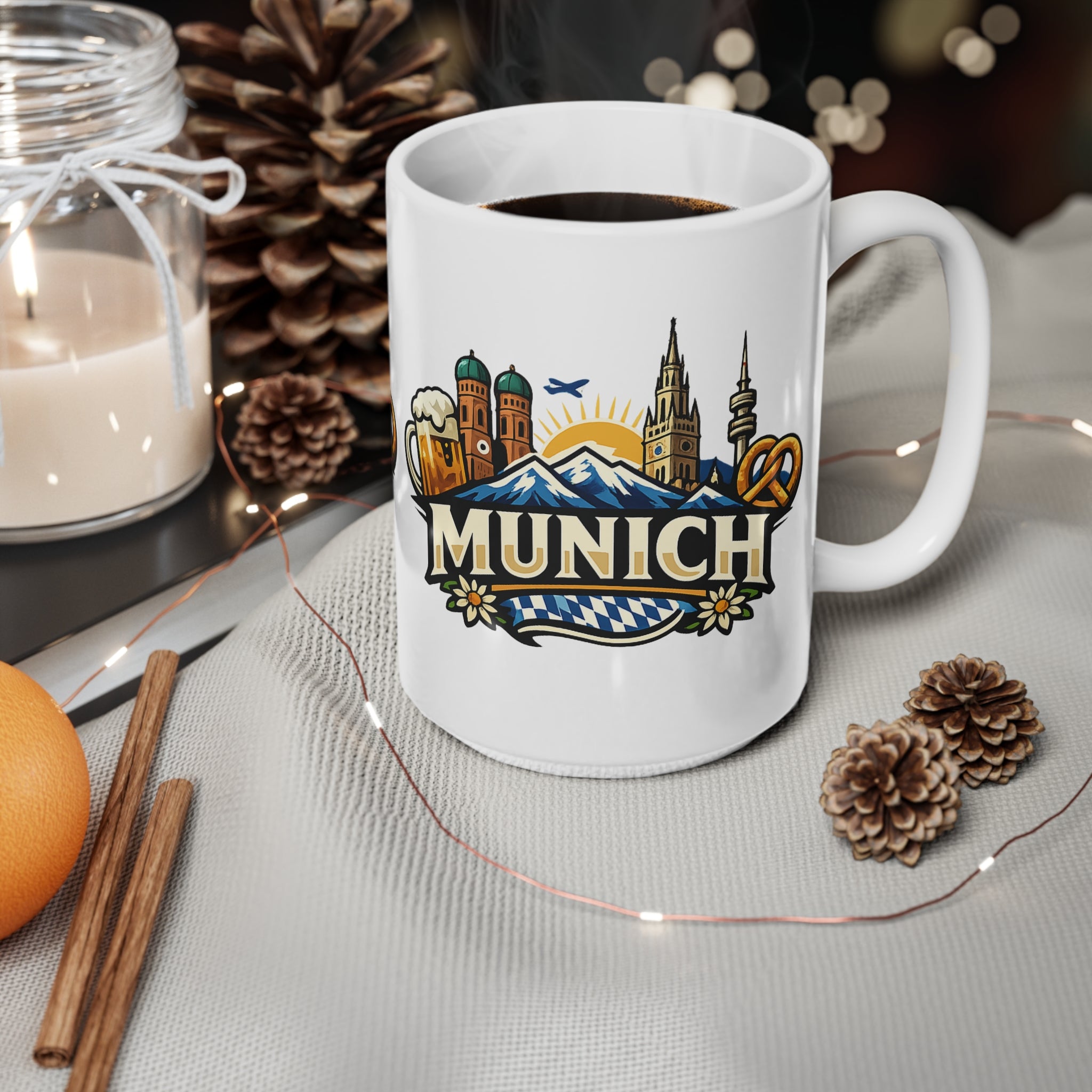 Munich Souvenir Coffee Mug — Bavarian Beer, Pretzel & Skyline Ceramic Mug (11oz/15oz)
