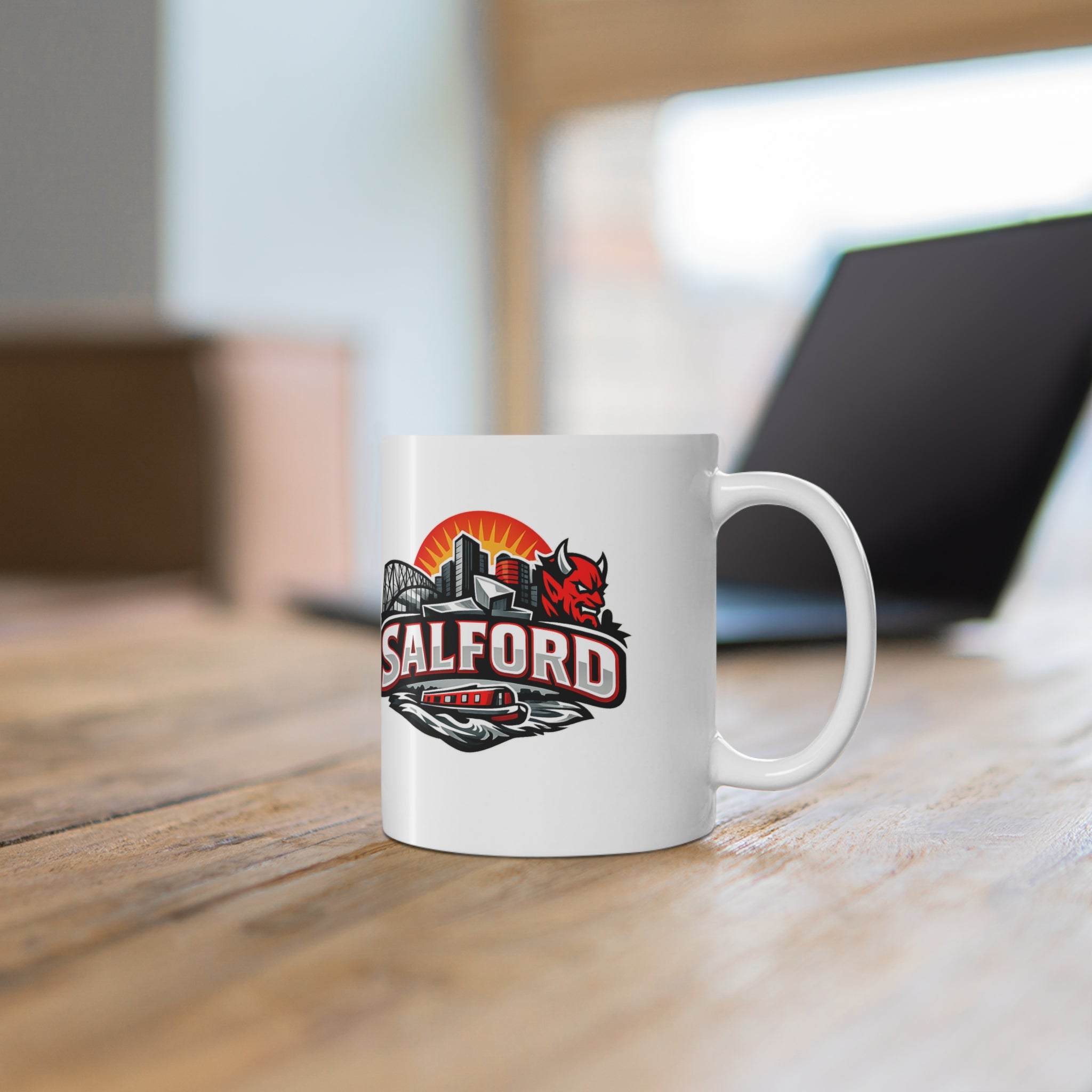 Salford City Skyline Coffee Mug – Devils Logo Ceramic Cup (11oz & 15oz)