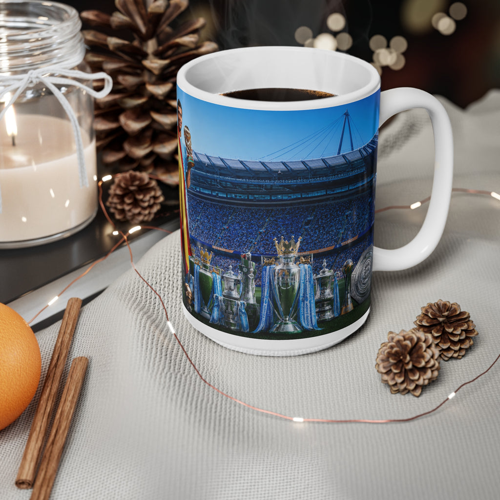 Rodri Man City Soccer Champion Ceramic Mug — Fan Cup with Trophies & Stadium Scene