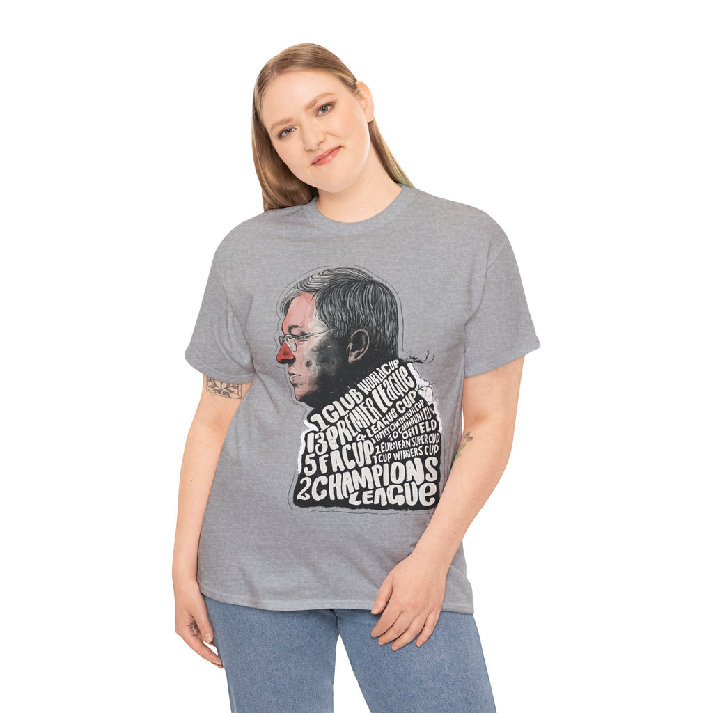 SIr Alex Ferguson Achievements Vintage Football Manager Profile Tee — Illustrated Head with Trophy Text Design