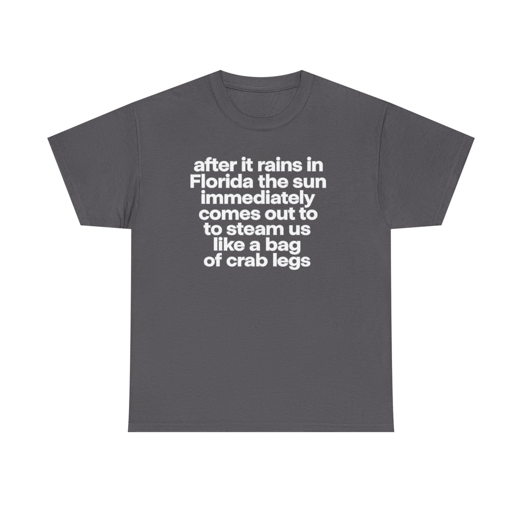 T-Shirt — "after it rains in Florida the sun immediately comes out to steam us like a bag of crab legs" Funny Florida Weather Tee