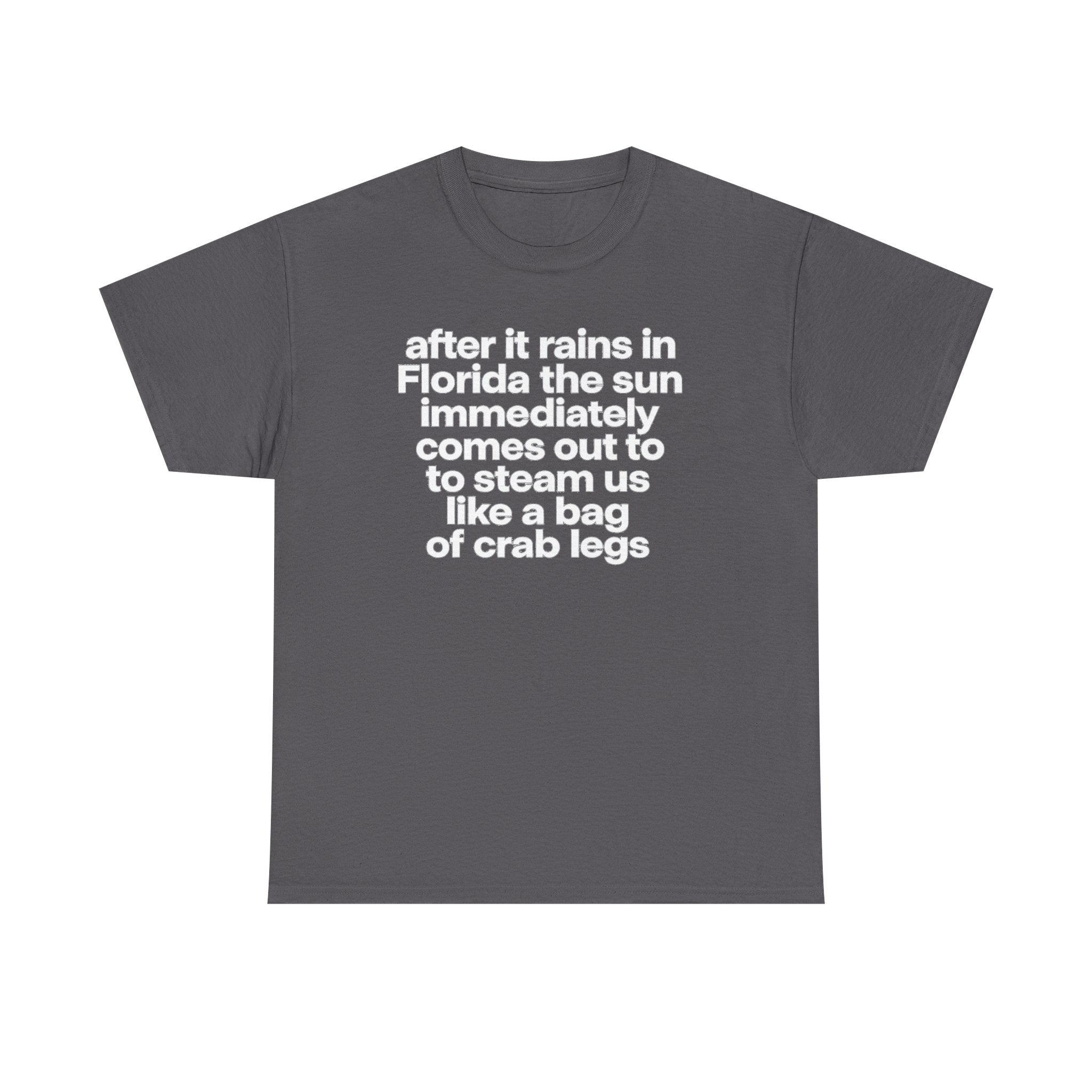 T-Shirt — "after it rains in Florida the sun immediately comes out to steam us like a bag of crab legs" Funny Florida Weather Tee