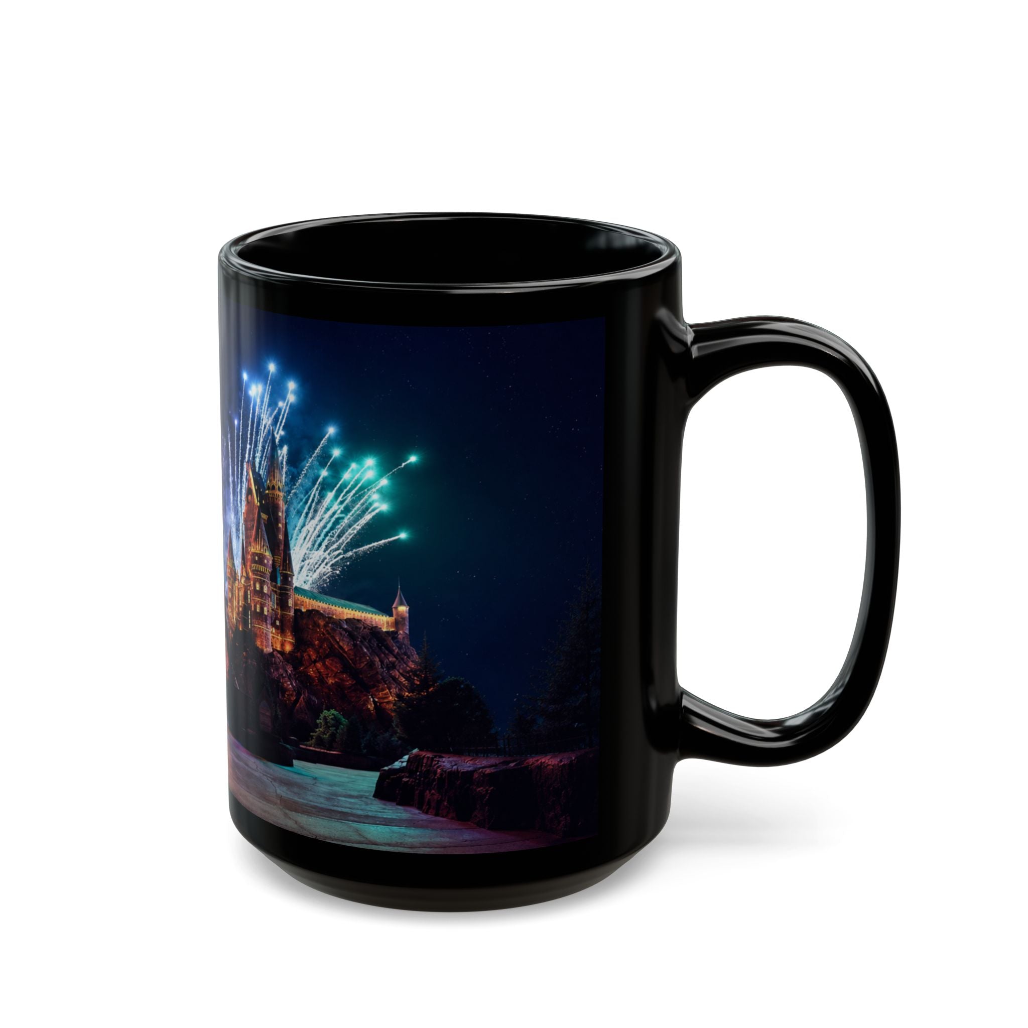 Hogwarts Castle Fireworks Night Black Mug — Castle Nightscape Coffee Cup (11oz/15oz)