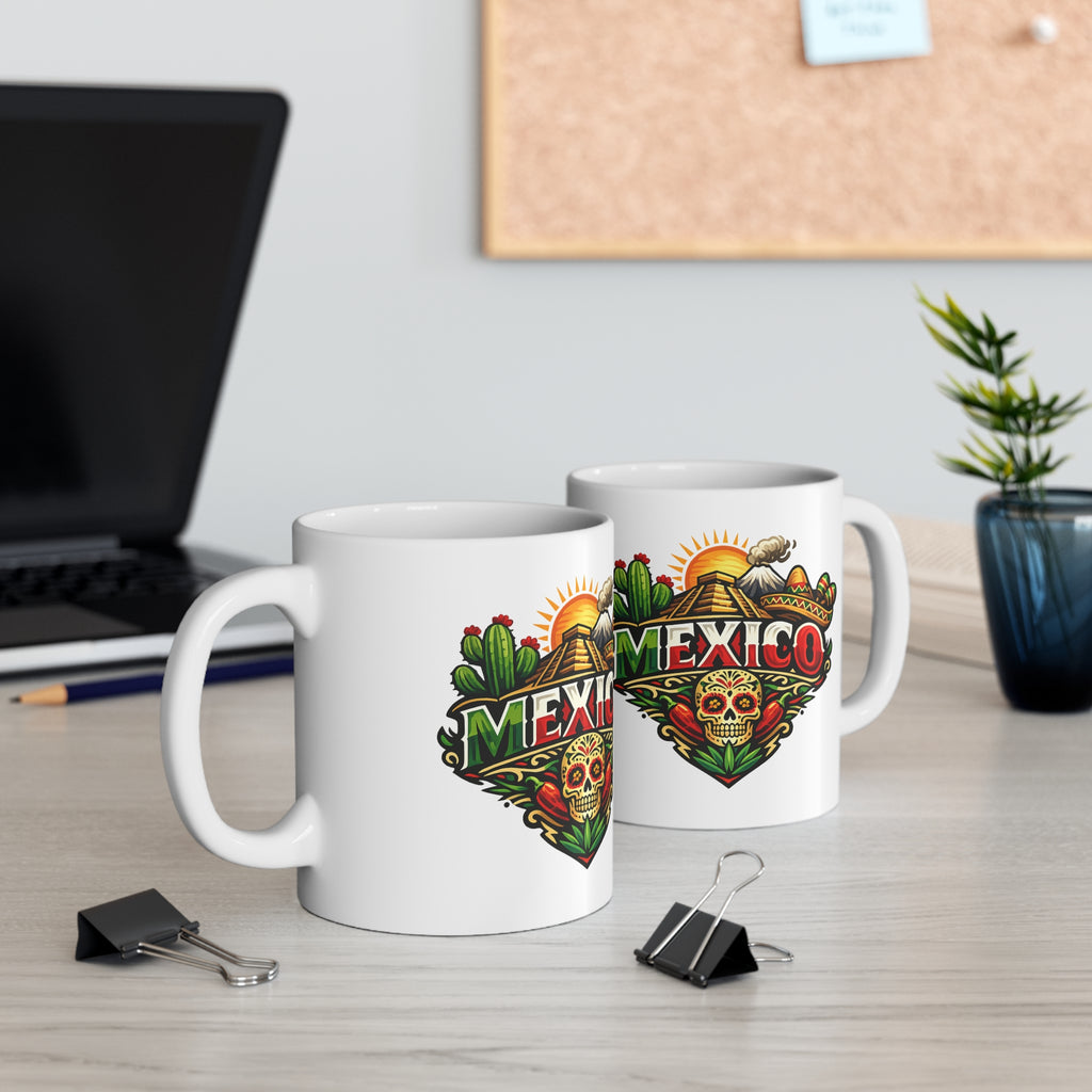 Mexico Travel Coffee Mug — Colorful Sugar Skull & Sunset Ceramic Mug (11oz/15oz)