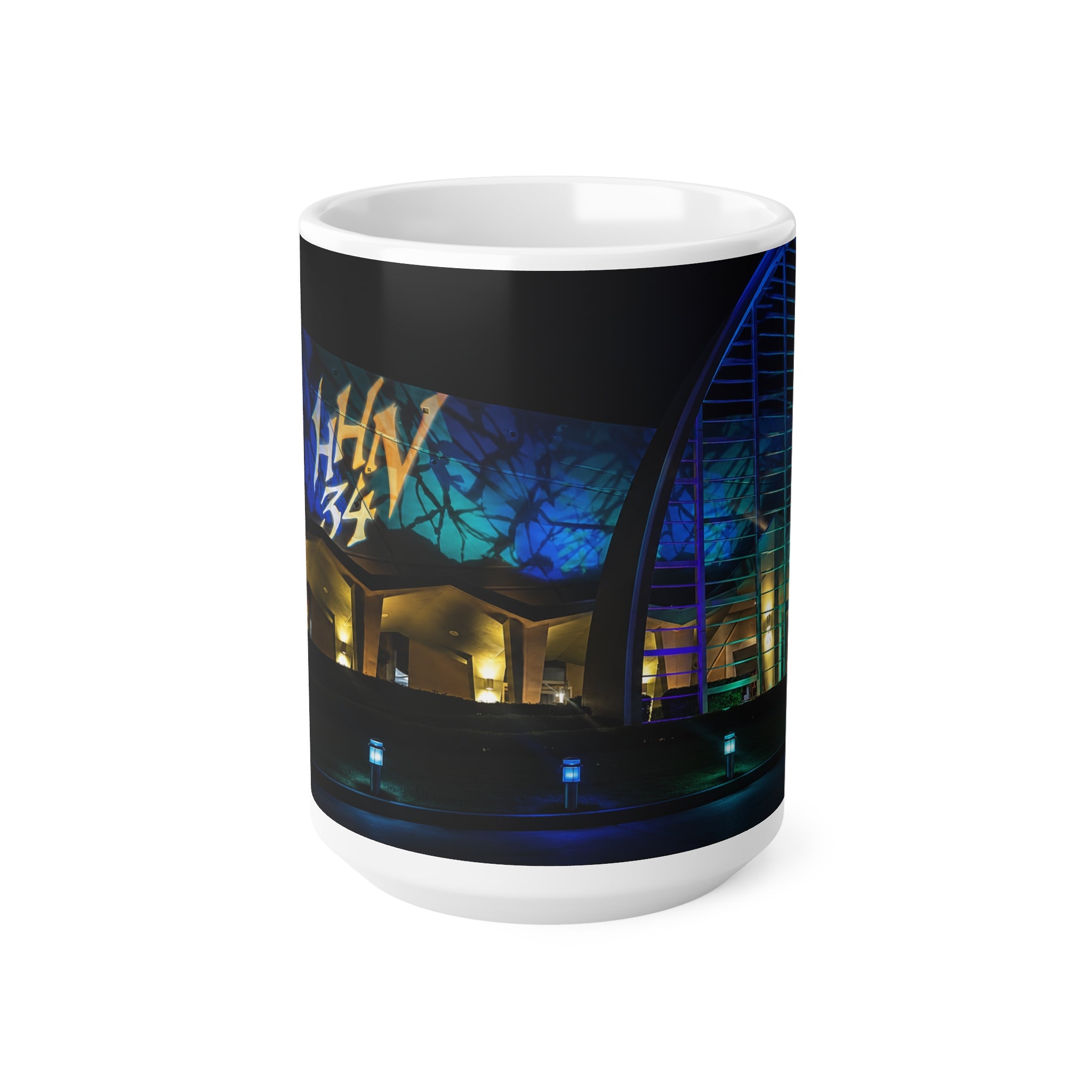Nightlight Cityscape Mug — Neon Building Photo Ceramic Coffee Cup (11oz, 15oz)