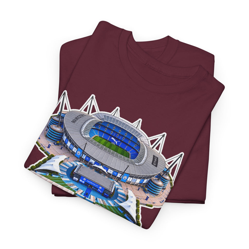 Manchester City Etihad Stadium Illustration T-Shirt — Retro Soccer Arena Graphic Tee