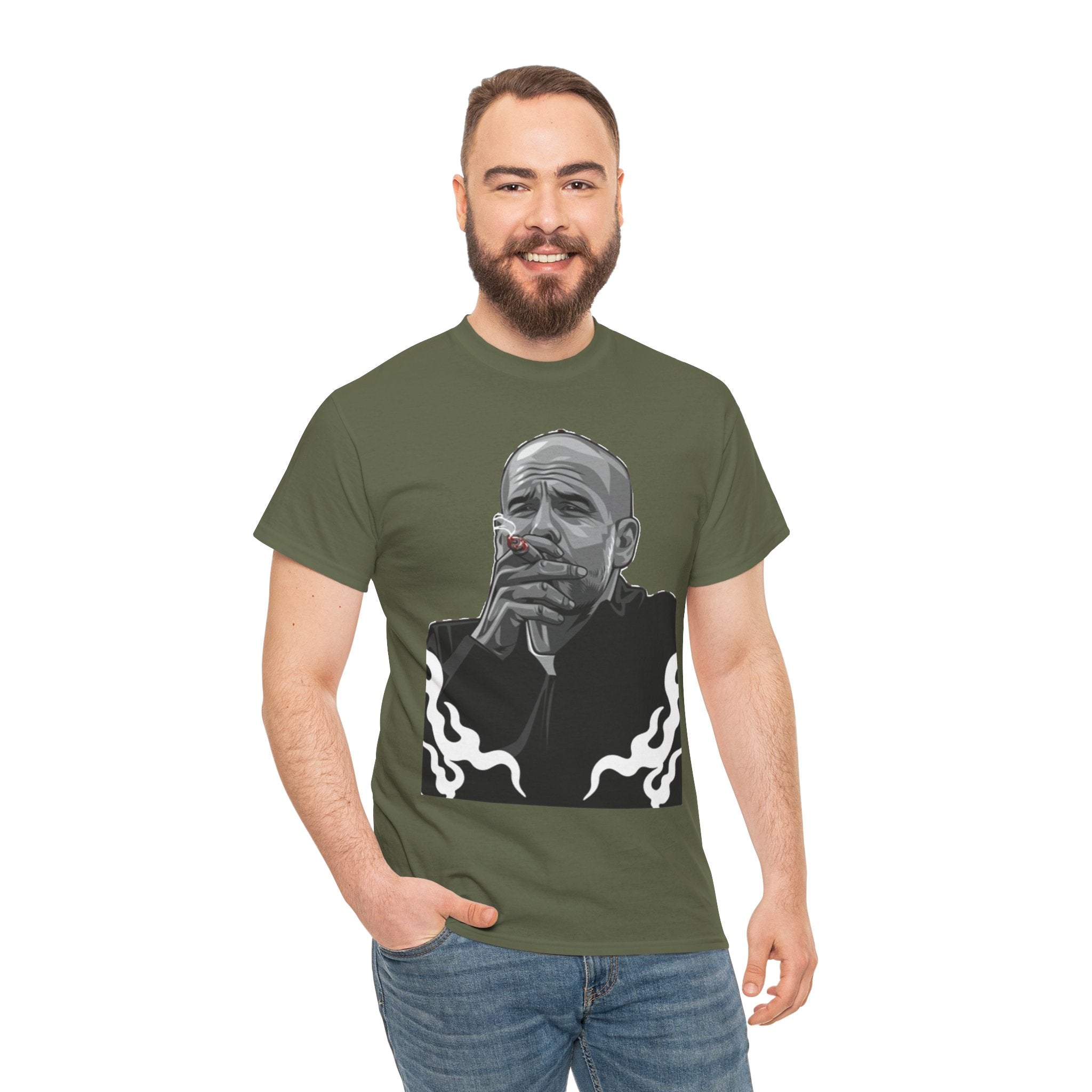 Pep Guardiola Smoking Portrait T‑Shirt — Moody Graphic Tee