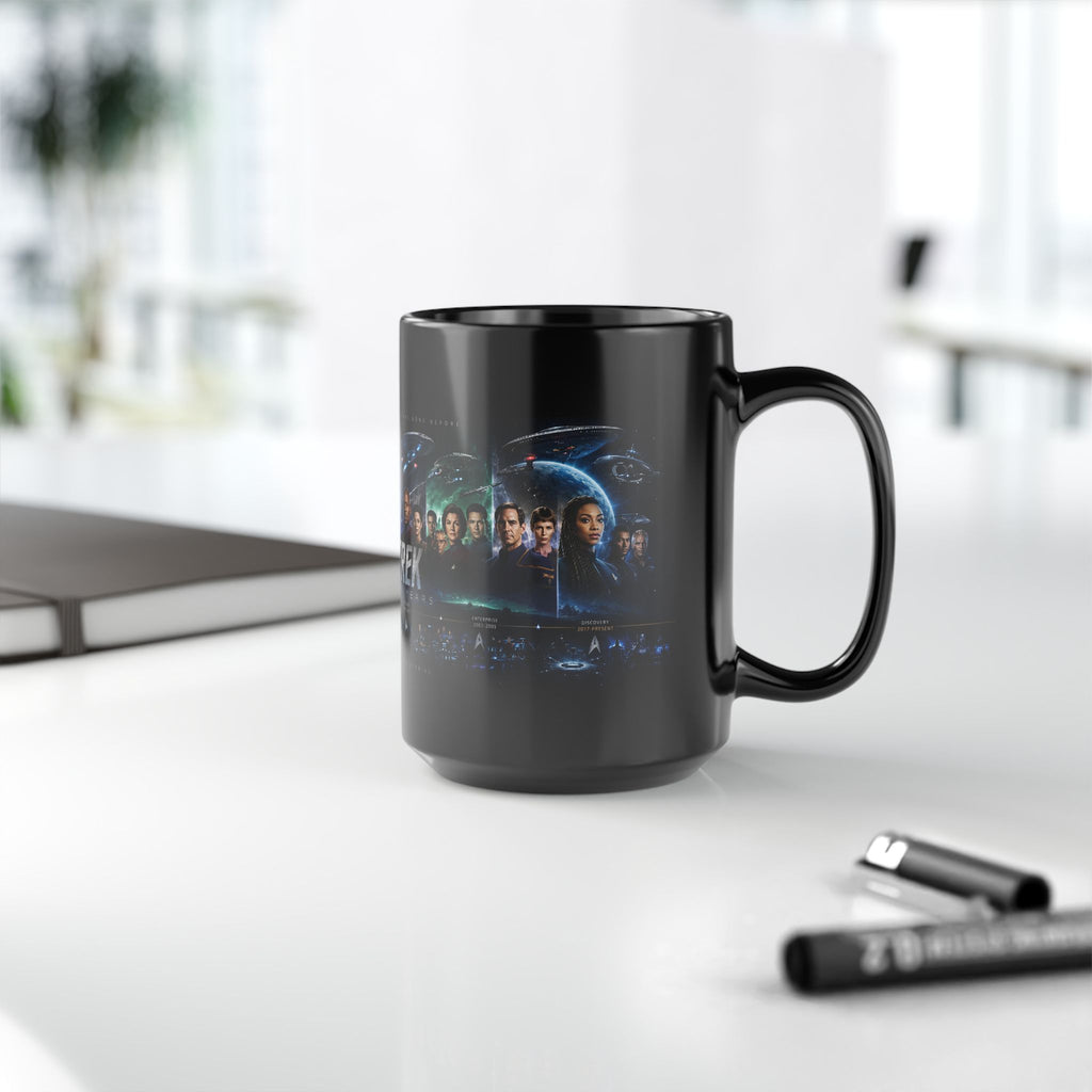 Star Trek Collage Black Mug — Sci‑Fi Crew Montage Coffee Cup (11oz/15oz)