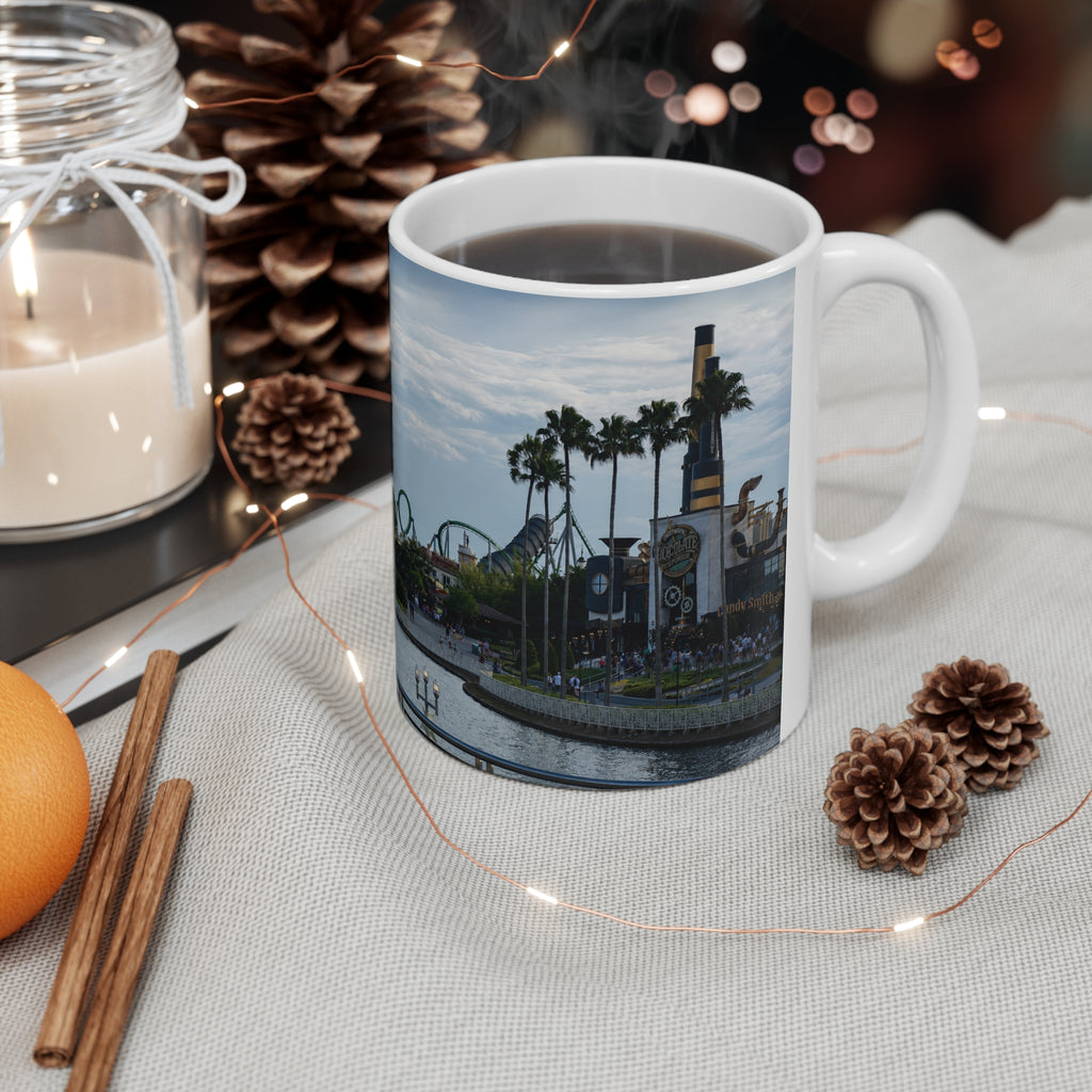 Universal IOA Theme Park Skyline Ceramic Mug — Roller Coaster Harbor Photo (11oz & 15oz)