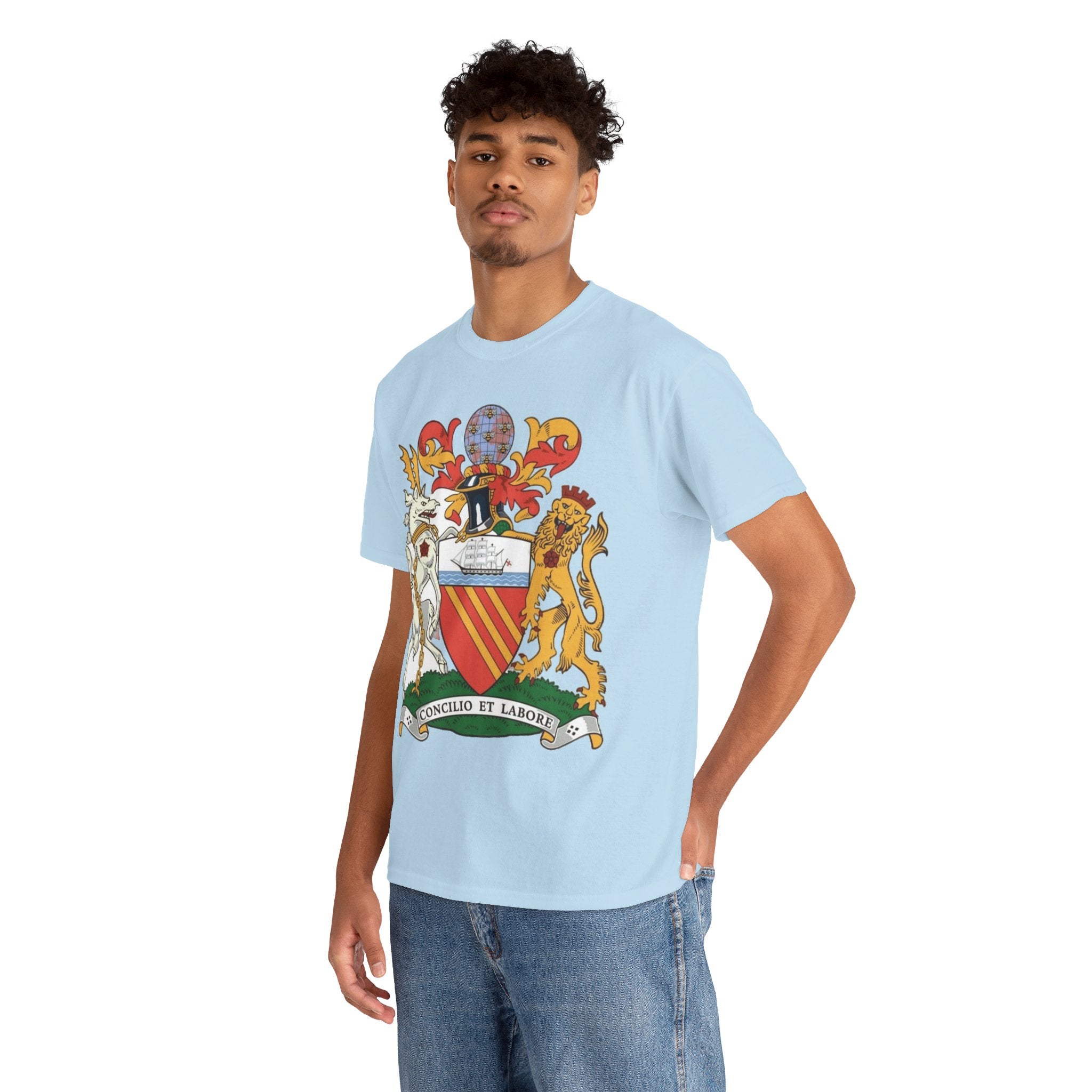 Manchester Coat of Arms Crest T‑Shirt — Heraldic Family Shield Tee with 'Concilio et Labore' Banner
