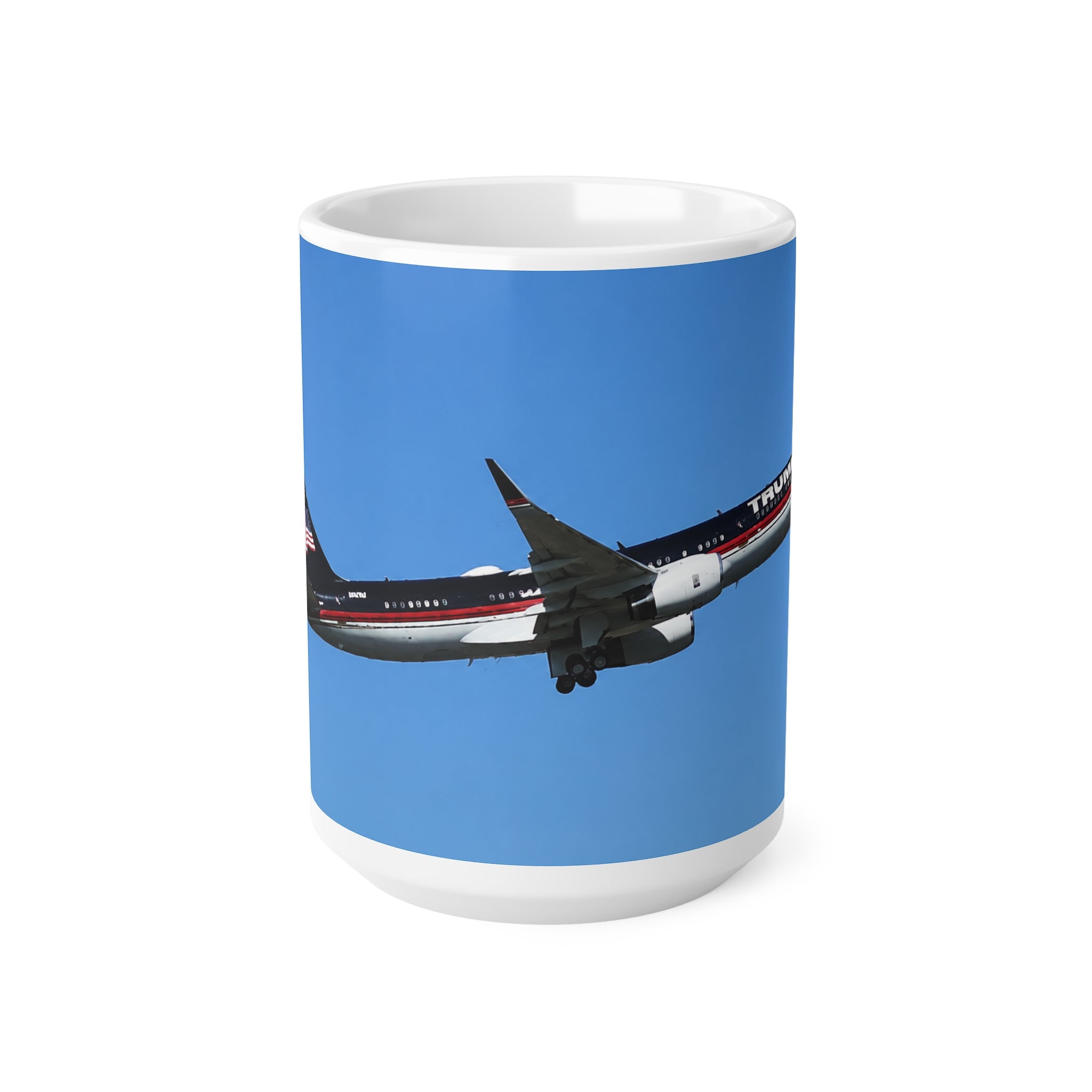 Trump Airplane Photo Ceramic Mug — Blue Sky Jet Coffee Cup (11oz & 15oz)
