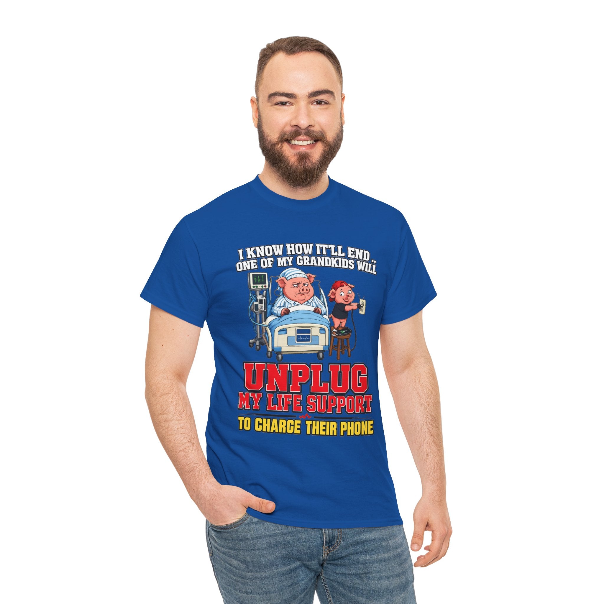 Funny Grandpa T-Shirt - "Unplug My Life Support to Charge Their Phone" Grandpa Humor Tee